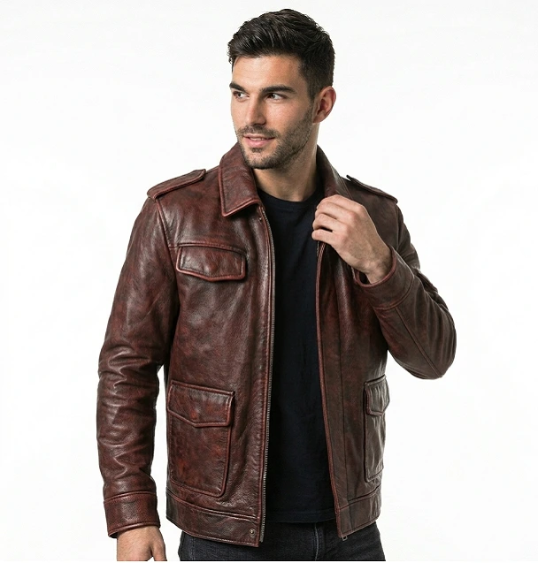 Men's Brown Leather Jacket Racer Zip-up