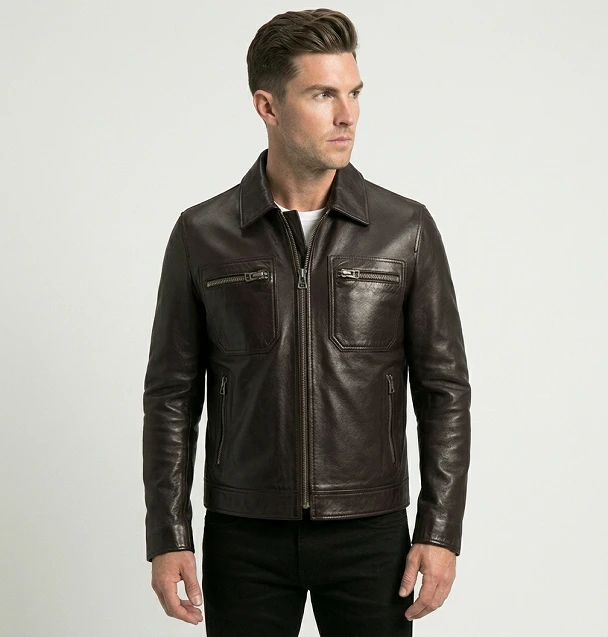 pebbled trucker brown leather jacket