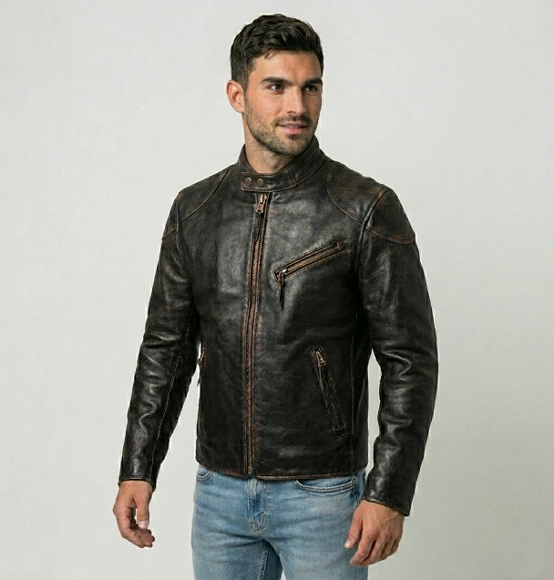 retro punk racer style black leather jacket