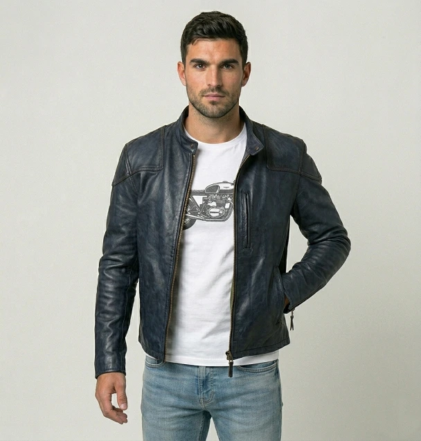 blue biker leather jacket