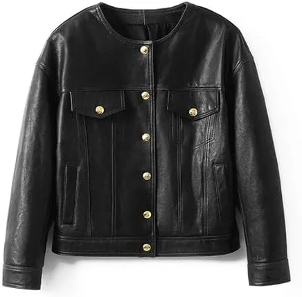 women o neck leather jacket